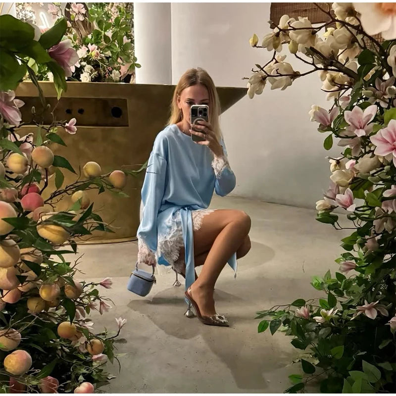 Satin Lace Patchwork Dress Women Long Sleeve O-neck Casual 2026 Spring Female Dresses Casual Solid Beach Robe Not Contain Pearls