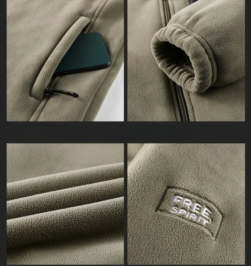 Men Fleece Lined Jacket Winter Thick Warm Stand Collar Zip Up Windproof Outdoor Casual Outerwear