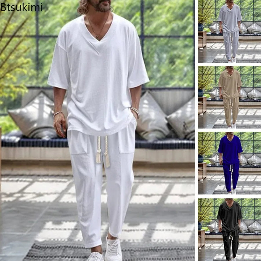 2026 Men Two Piece Sets Fashion Solid Tracksuits Summer Half Sleeve V-neck T-Shirt and Pants Loose Casual Outfit Male Streetwear
