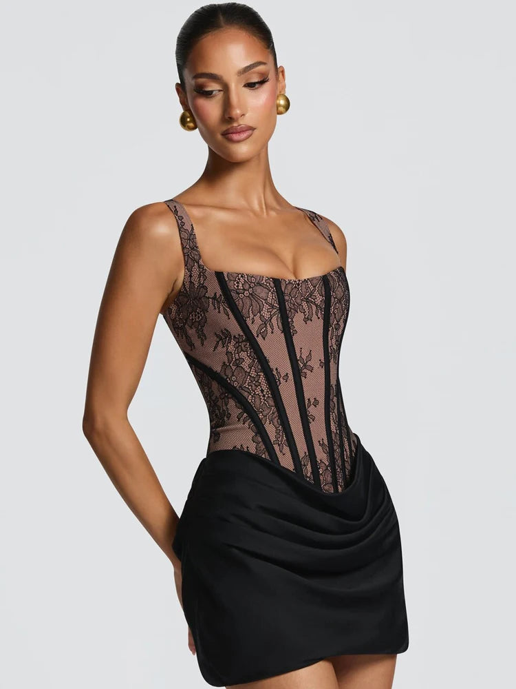 RLMABABY Sexy Lace Splice Ruched Women Mini Bodycon Dress Slim Square Collar Backless Corset Back Lace Up Club Party Short Dress