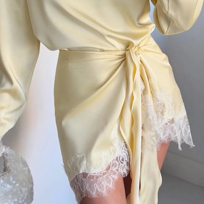 Elegant Lace Loose Dress Women Solid O-neck Full Sleeve Patchwork Dresses Female 2026 Summer White Robe Lady