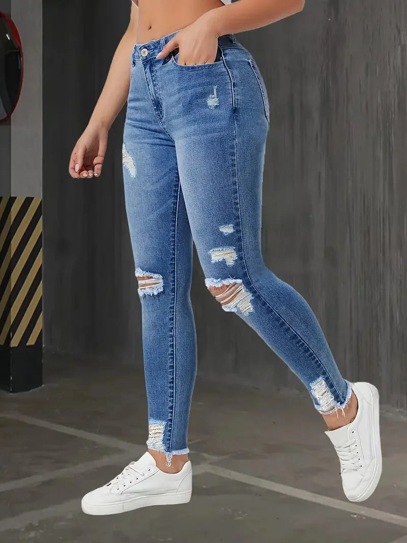 Women's Slim Fit Jeans with Rips Casual Slimming Cone Shaped Mom Jeans Comfortable Stretch Denim Trousers