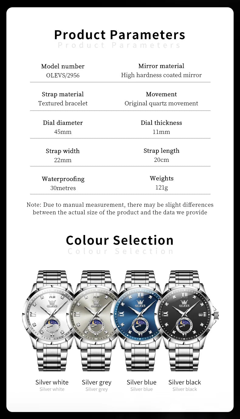 OLEVS 2956 Mens Watch Business Original Quartz Watch Large Dial Waterproof Luminous Automatic Date Moon Phase Watches For Man