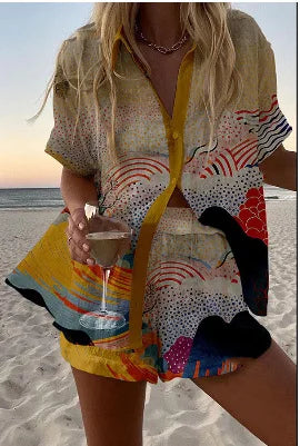 Fashion Print Beach Holiday Set For Women Summer New Short Sleeve Buttoned Shirt Wide Legs Shorts Oversized Two Piece Set