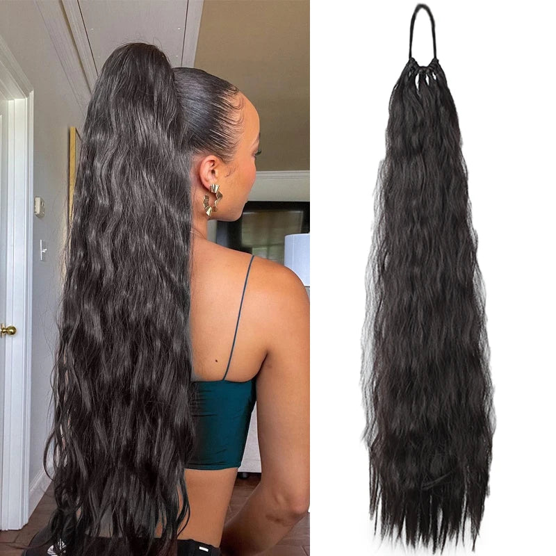 Synthetic Long Curly Hair Ponytail 24inch Wavy Ponytail Extensions with Elastic Hair Tie Women Hairpiece for Daily Party Wear