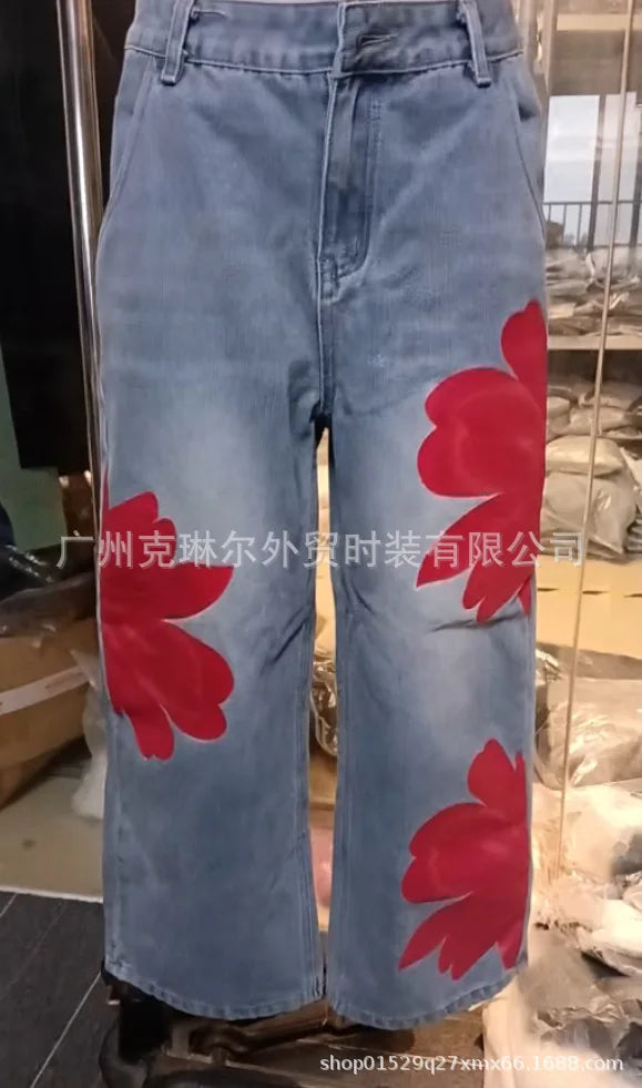 2026 New Fashion Floral Print Wide Leg Jeans Casual Cotton Denim High Waist Nine-Pants Trendy Plus Size Trousers High Street