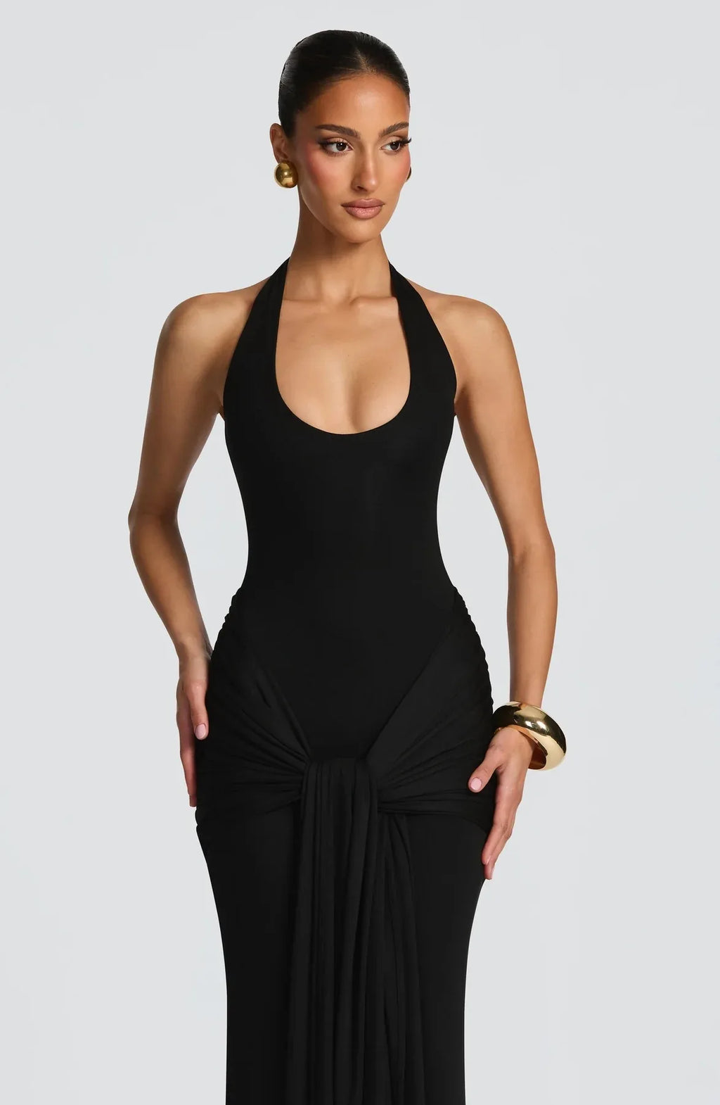 Stylish Lady Elegant Halter Neck Maxi Dress 2026 Summer Women White U-Neck Ruched Draped Sleeveless Bodycon Formal Party Dress
