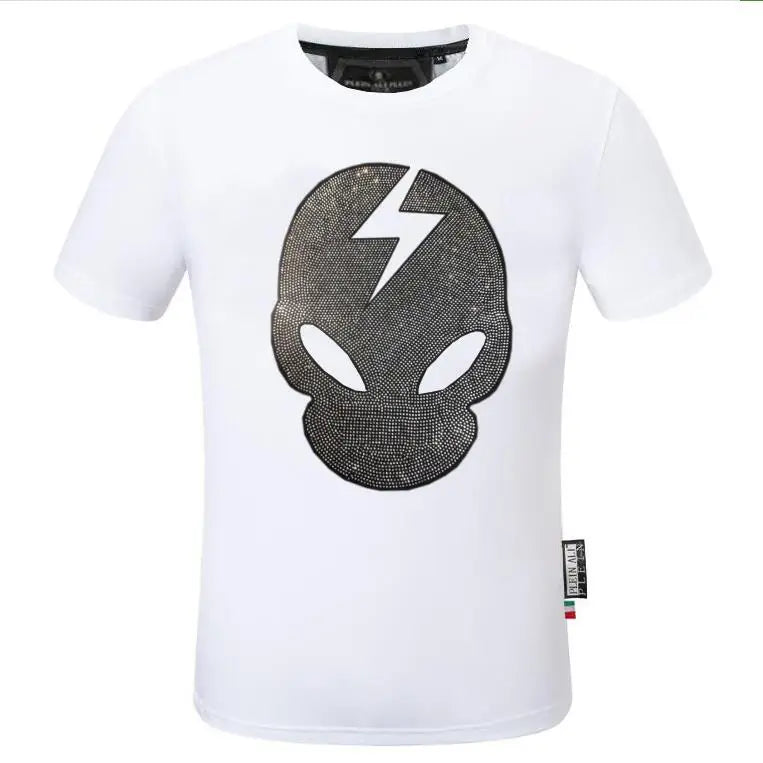 2025 Summer New Luxury Men's Fashion Skull Design Rhinestones T-Shirt Pure Cotton Crew-Neck Casual High Quality