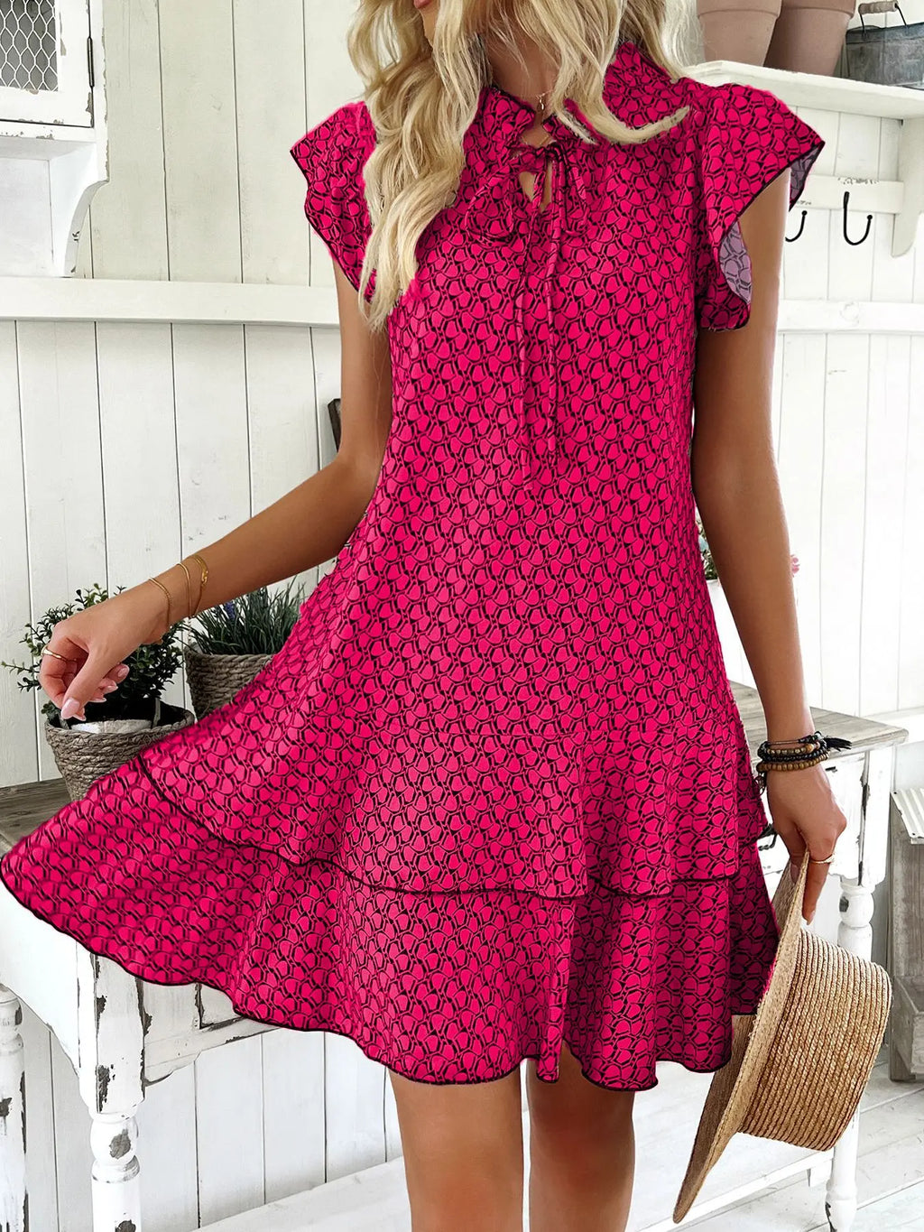2025 Elegant Women's Casual Loose Ruffle Mini Dress Bohemian Printed V-neck Lace-up Small Flying Sleeve Dresses For Women S-3XL