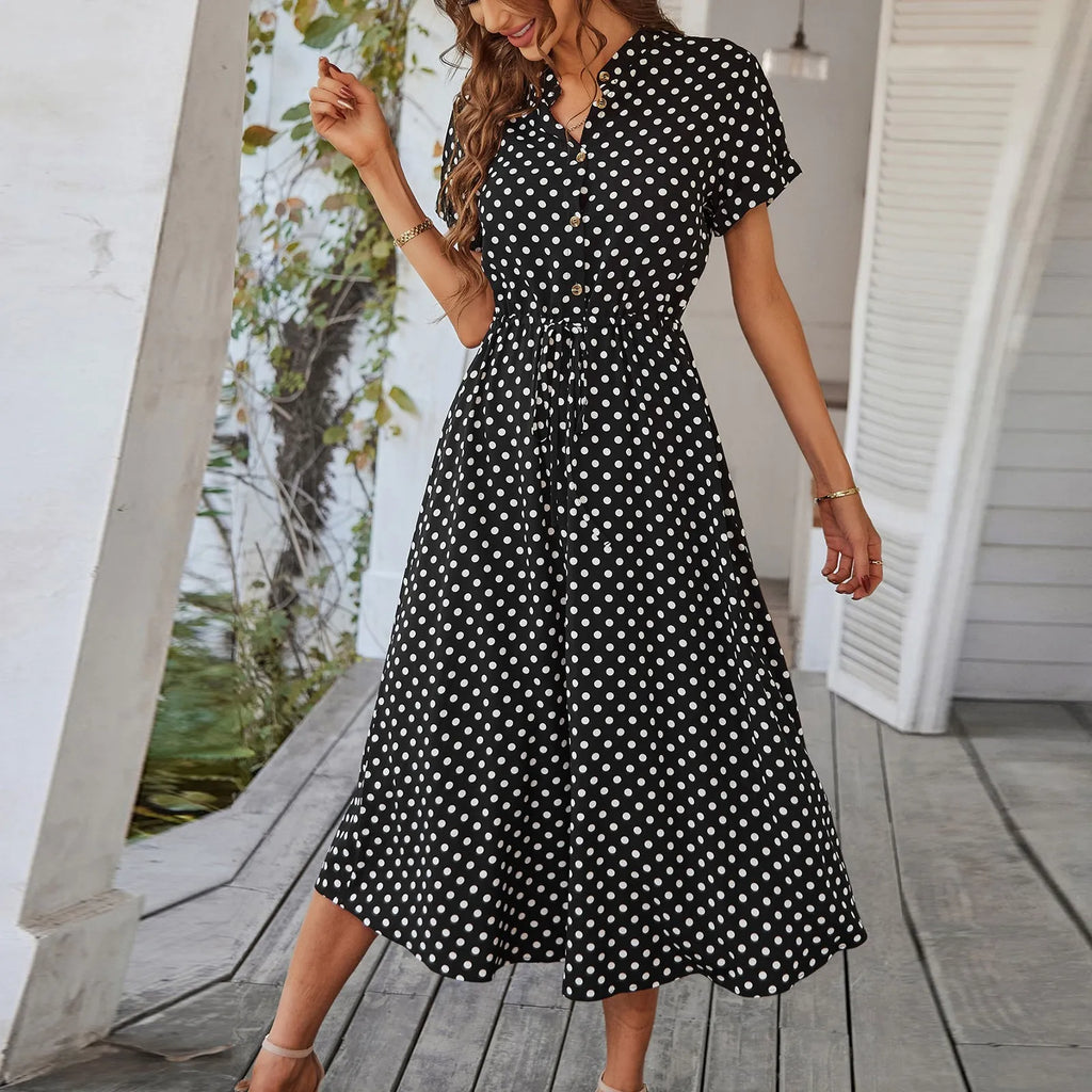 Elegant retro polka dot dress Women's Summer Midi Dress V Neck Single Breasted Short Sleeve Dresses Fashion Print Dress