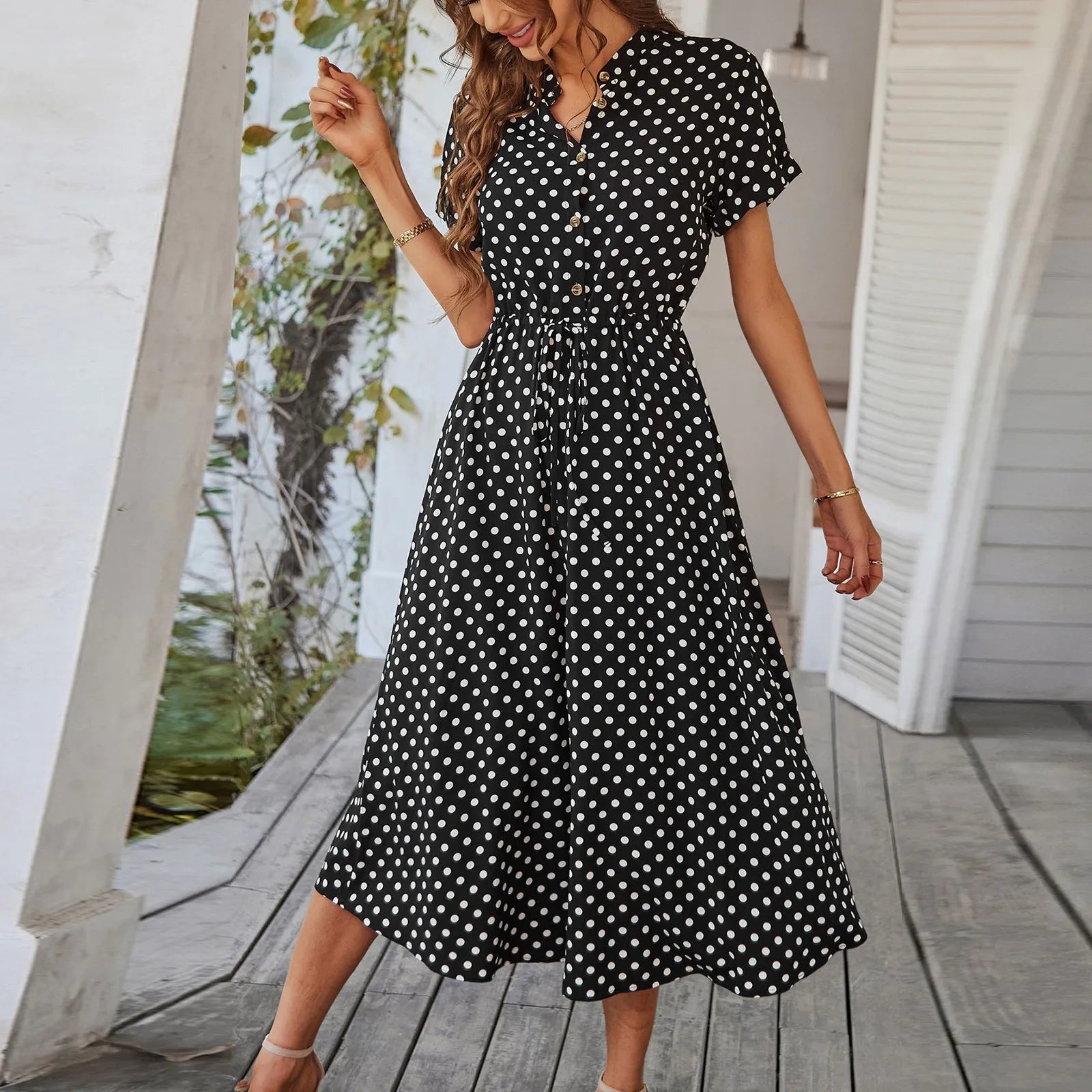 Elegant retro polka dot dress Women's Summer Midi Dress V Neck Single Breasted Short Sleeve Dresses Fashion Print Dress