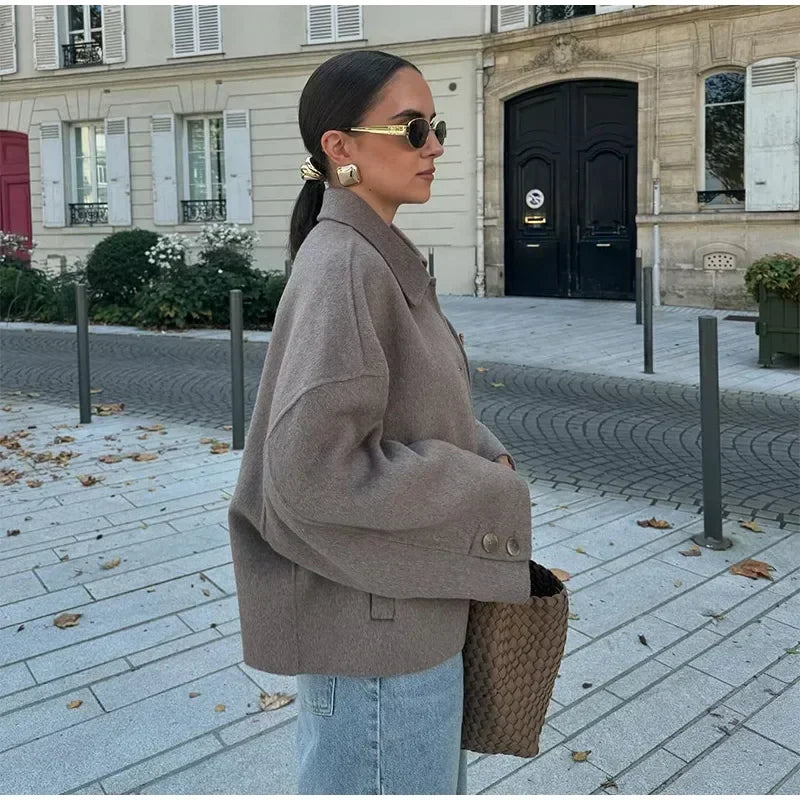 Solid Lapel Full Sleeve Coat  Elegant Single Breasted Pockets Short Loose Outwear For Women 2026 New Casual High Street Overcoat