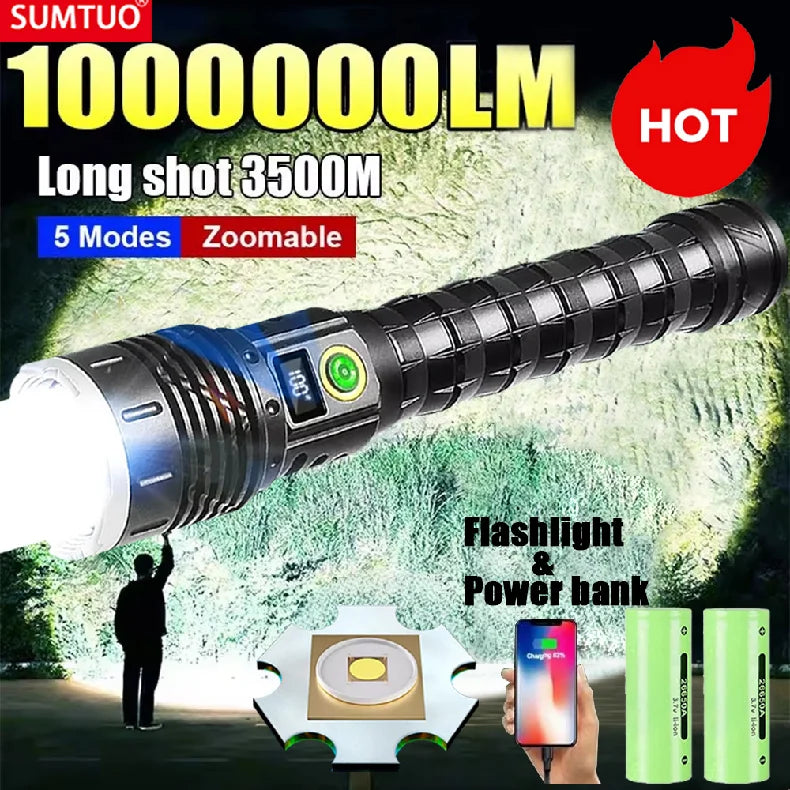 10000000lm Most Powerful Led Flashlight Rechargeable Type-c Flashlight Long Range 2000m Tactical Torch Light For Camping Hunting