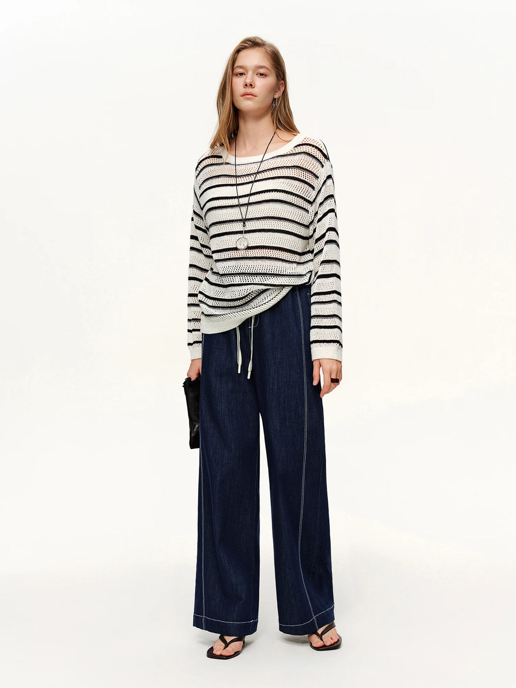 DUSHU 2026 Spring Women's Contrast Topstitching Straight Leg Jeans, Elastic Drawstring Waist Casual Pants for Y2K Street Style