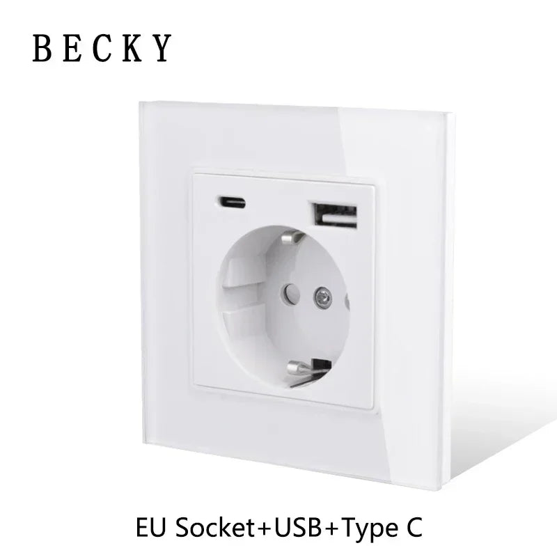 White Tempered Glass Work Driving Arm Wall Light Switch Led Indicator Light EU UK Standard 1/2/3/4gang Bedroom Usb Switch Socket