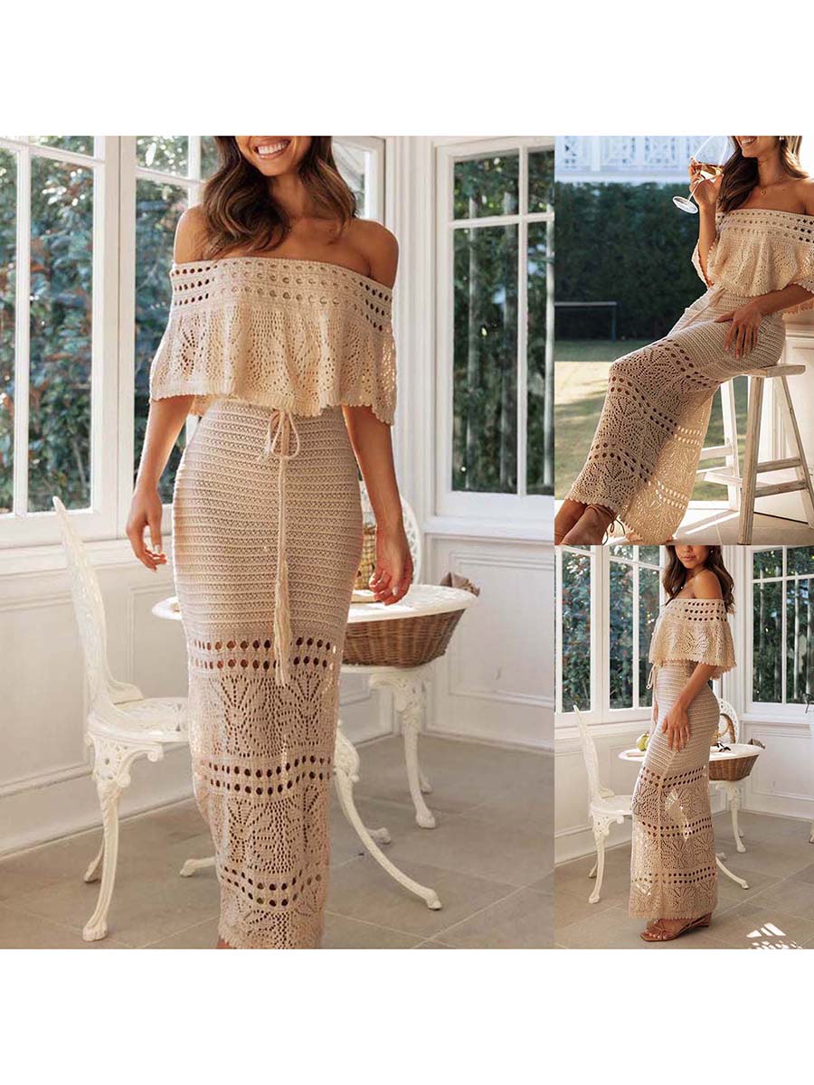 hirigin Elegant Women's Summer Boho Long Tube Top Dress Short Sleeve Off Shoulder Knit Pattern Hollow Tie Up Summer Dress
