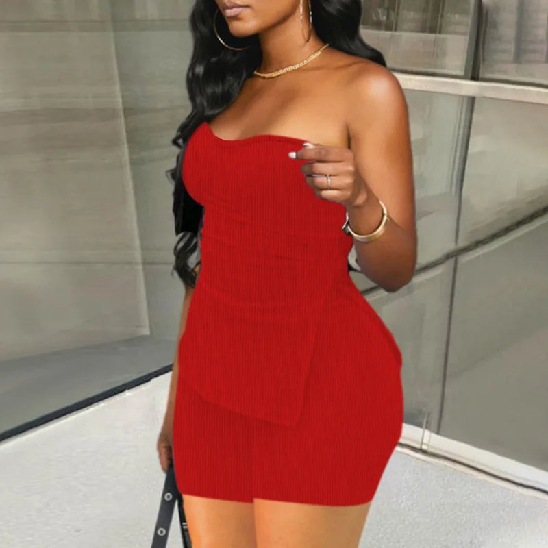 Sexy Solid Slim Suit For Women Fashion Strapless Side Split Top Elastic Waist Package Hip Shorts Two Piece Set 2026 Summer New