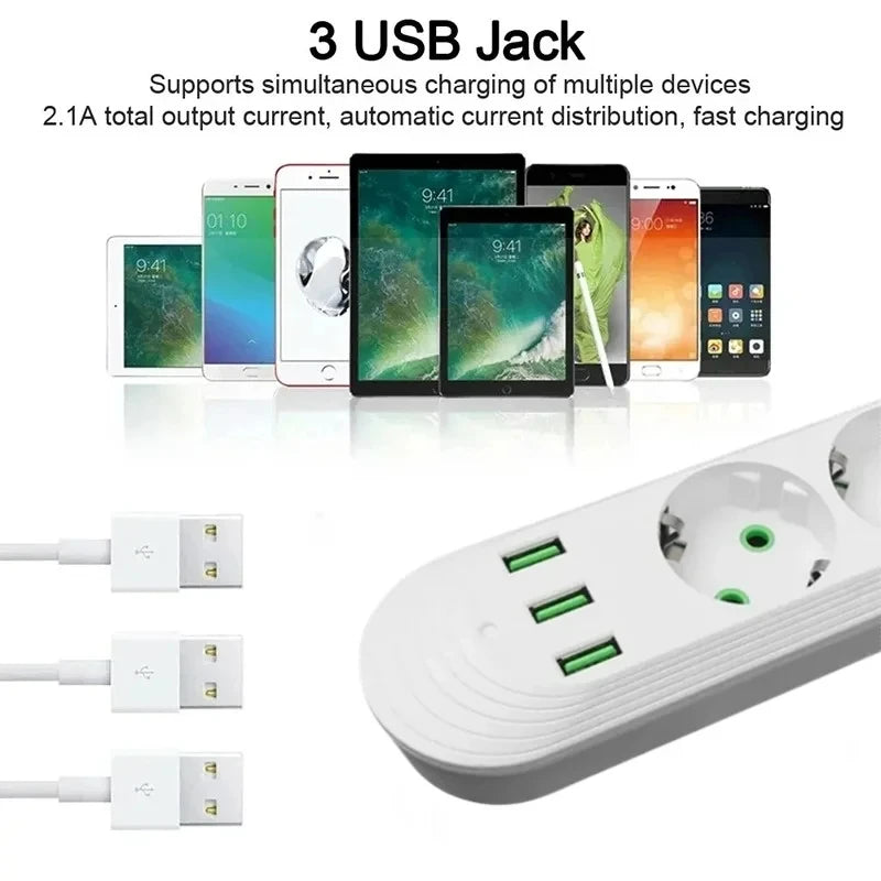 EU Plug AC Outlet 2500W Multiports Power Strip AC Outlet with 3USB Port 2m Extension Cable Round Pin Electrical Charger Adapter