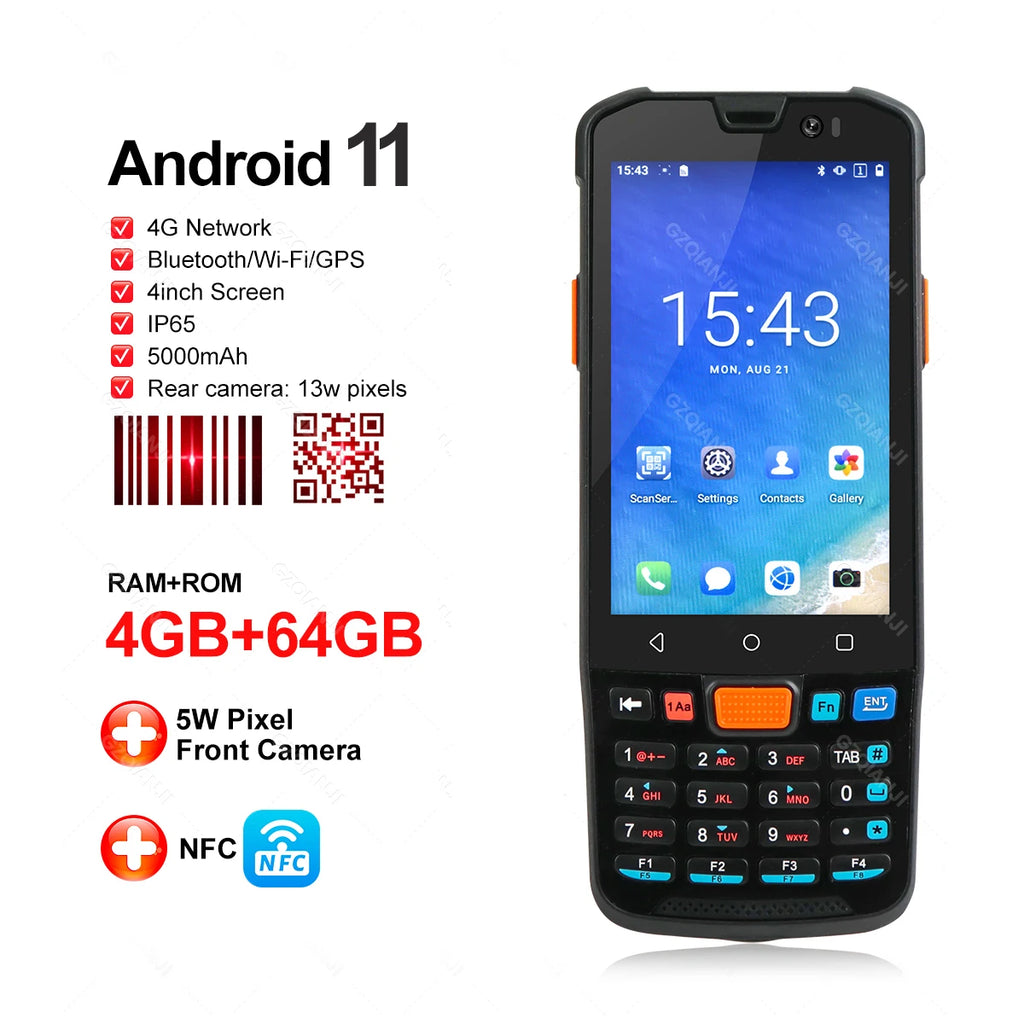 4GB+64GB Android 11 Handheld Terminal Iindustrial PDA 1D 2D QR Barcode Scanner Reader 4G WiFi NFC POS Data Collector
