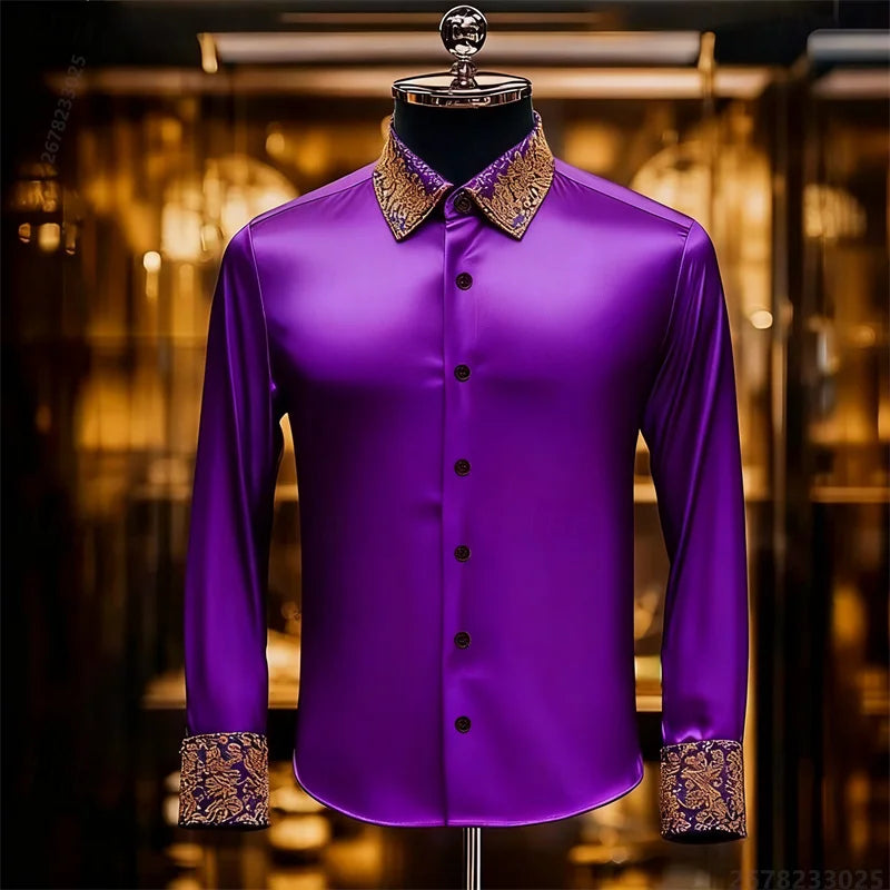 Luxury 3D Printed Long-Sleeve Men's Shirt, Baroque Gold Pattern Slim Fit Dress Shirt, Business Banquet Men's Shirt, Sizes XS-6XL
