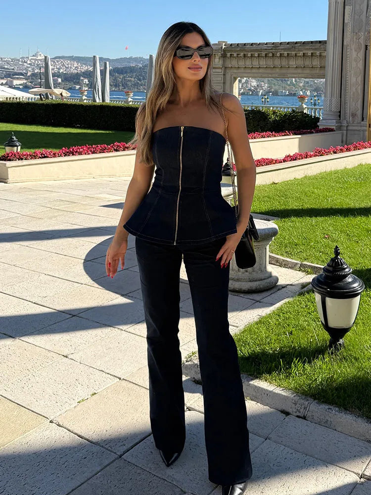 HH Women Summer Sexy Tube Top Zipper Sleeveless Short Top+Mid-Waist High Street Casual Trousers Fashion Denim 2-Piece Set
