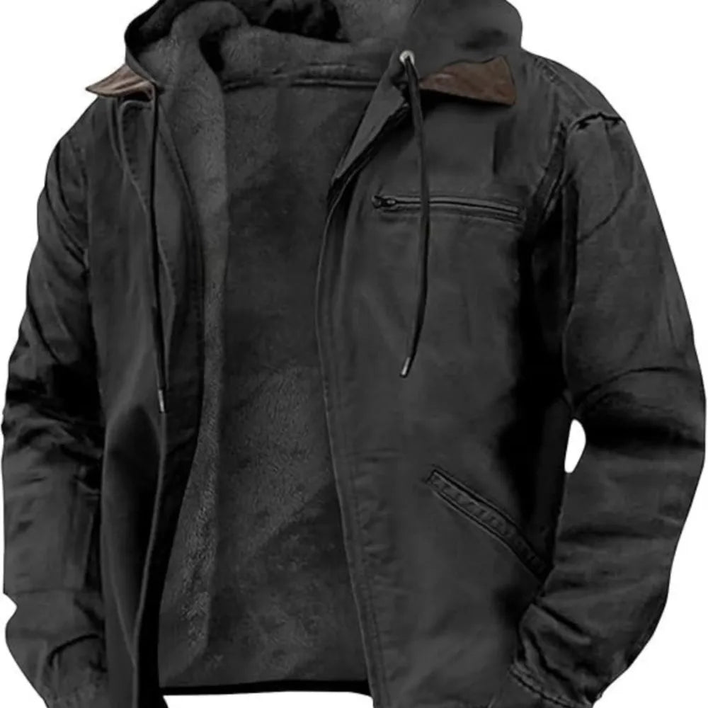 European and American Men's Autumn and Winter Casual Hooded Zipper and Fleece Warm Jacket With Multiple Pockets Outdoor Jacket