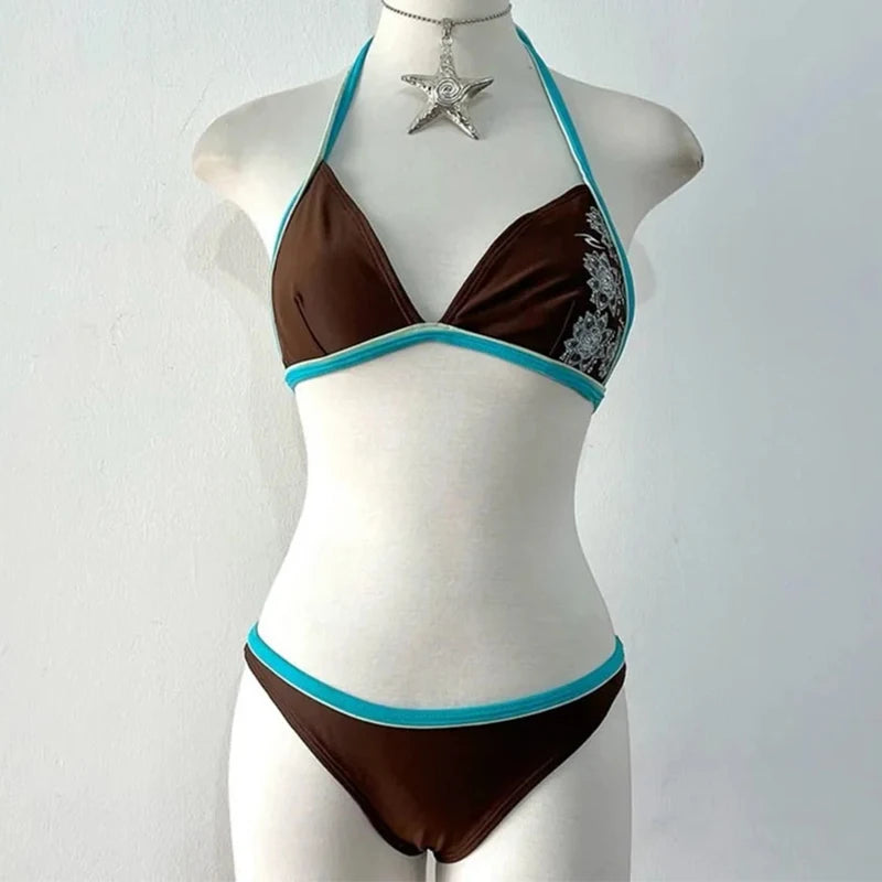 Summer 2026 Neck-Tied Triangle Cup Bikini American Retro Minimalist Sexy Spice Girl Style Printed Swimsuit for Women