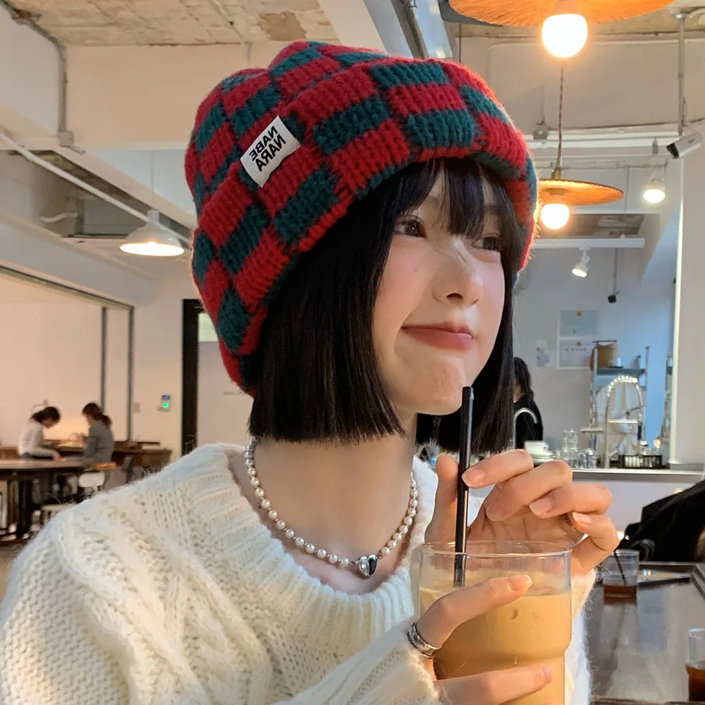 Luxury Brand Chessboard Plaid Knitted Hat Women Winter New Big Size Hat Warm Beanies Skullies Green Red Xmas Christmas Hat