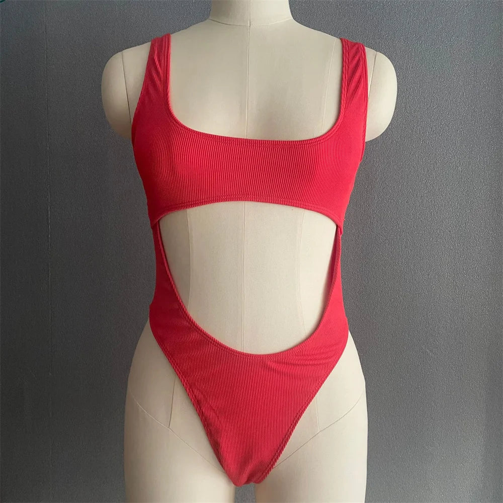 Retro Extrem Bikini Cut Out Backless Monokini Ribbed Swimsuit Women One-Piece Push Up Vacation Swimwears Brazil Beach Bath Suits