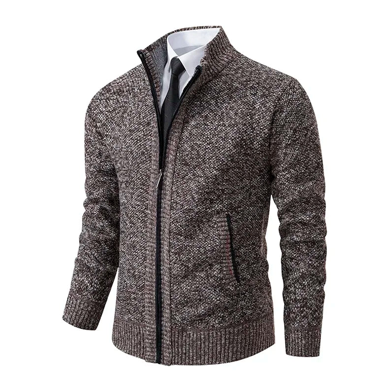 2025 Autumn and Winter New Jersey Men's Casual Sports Coat Solid Color Stand Collar Sweater Grab Fleece Warm Zipper Cardigan
