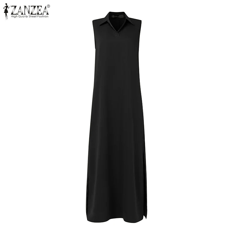 2025 Summer Sleeveless Sundress ZANZEA Women Long Dress Elegant Work OL Dresses Casual Lapel Neck Solid Vestidos Split Hem Robe