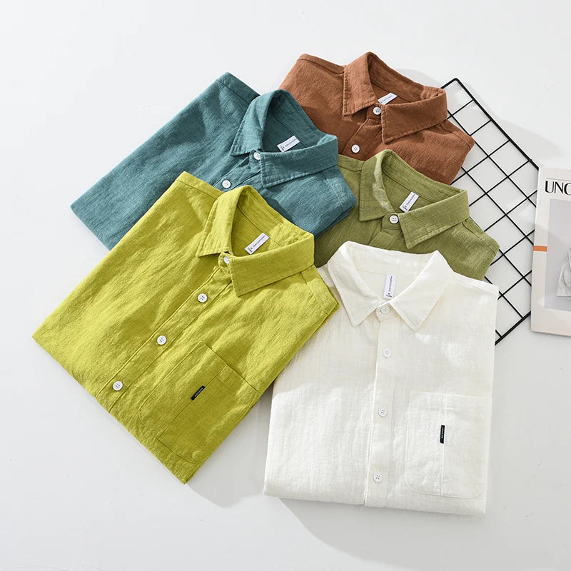 2402 Cotton Linen Solid Color Simple Basic Tops Men's Spring Fall Fashion Japan Style Harajuku Healthy Comfortable Casual Shirts