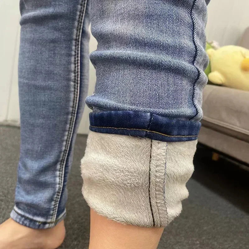 Lady Plush Thermal Jeans Winter Snow Warm Stretch Thin Jeans Women Fleece Pencil Pants Fashion Straight Leg Denim Trousers
