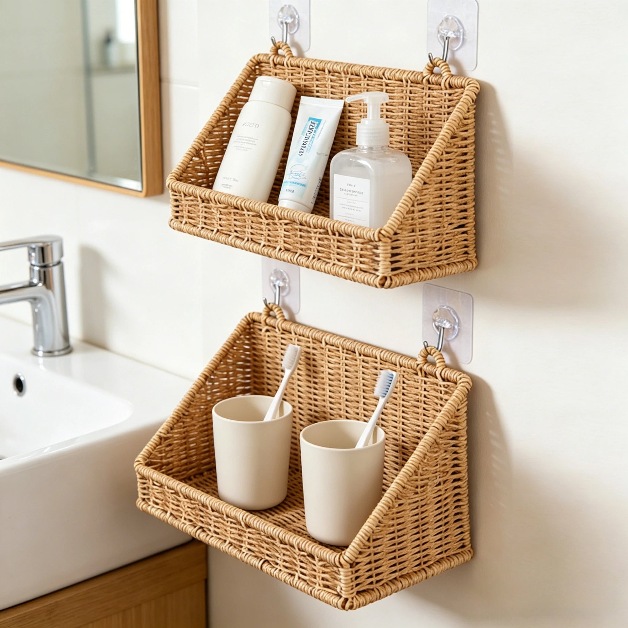 Woven Imitation Rattan Wall Mounted Storage Basket Slanted Shelf Organizer for Kitchen Living Room Bathroom Bedroom Balcony