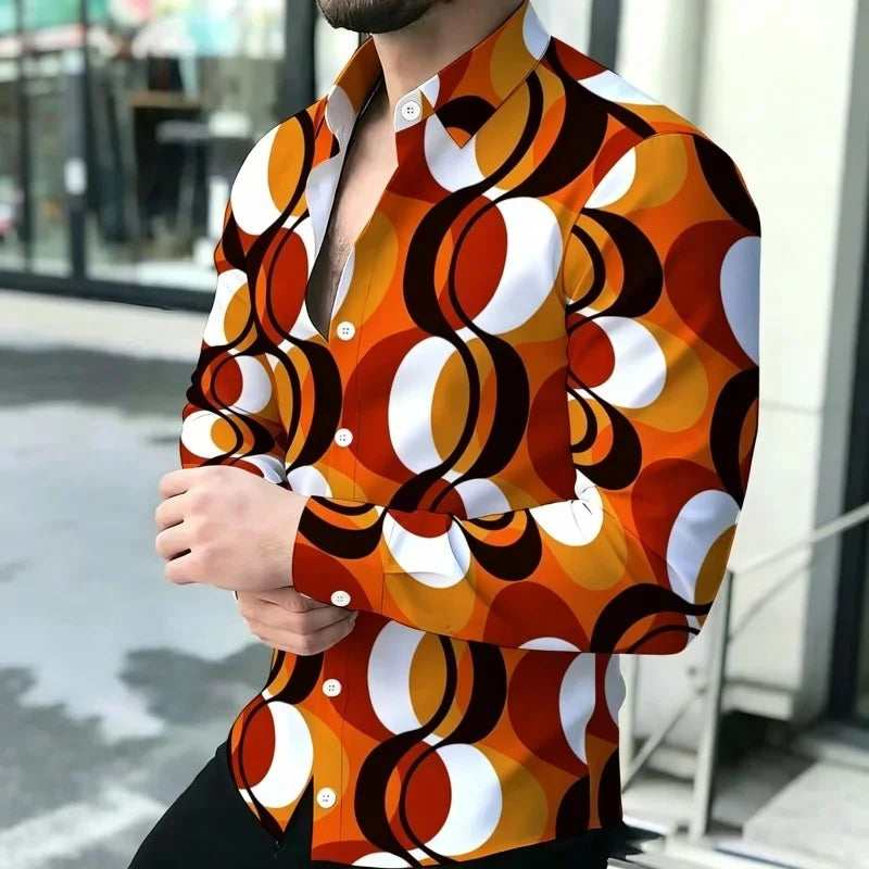 Men Long Sleeve Button Down Shirt Vintage Art Pattern Print Casual Daily Festival Outfit For