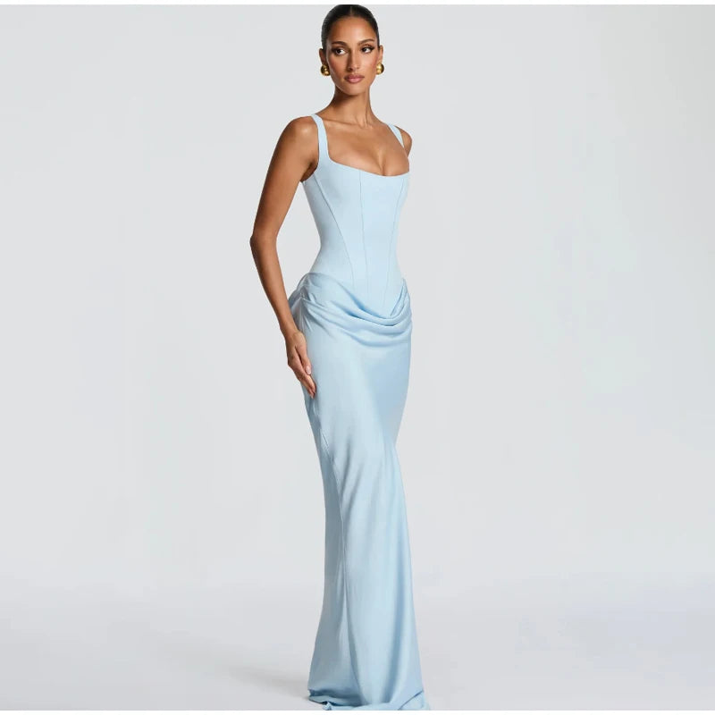 Solid Pleated Sling Dress Women Square Neck Sleeveless Backless Waist Cinching Bodycon Dresses Lady Summer Evening Party Gowns