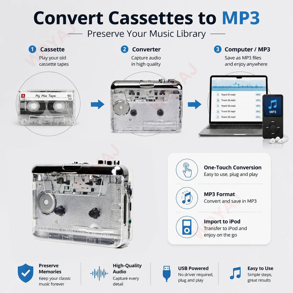 Cassette Player USB Cassette Capture Cassette to MP3 Converter for PC Music Player Cassette Recorder Adapter