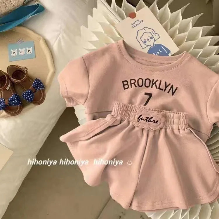 Girls Set 2026 Baby Girl's Summer Short Sleeve Clothing Suits Letter Printed Cotton 2Piece Sport Outfits 1-7Y Children's Clothes