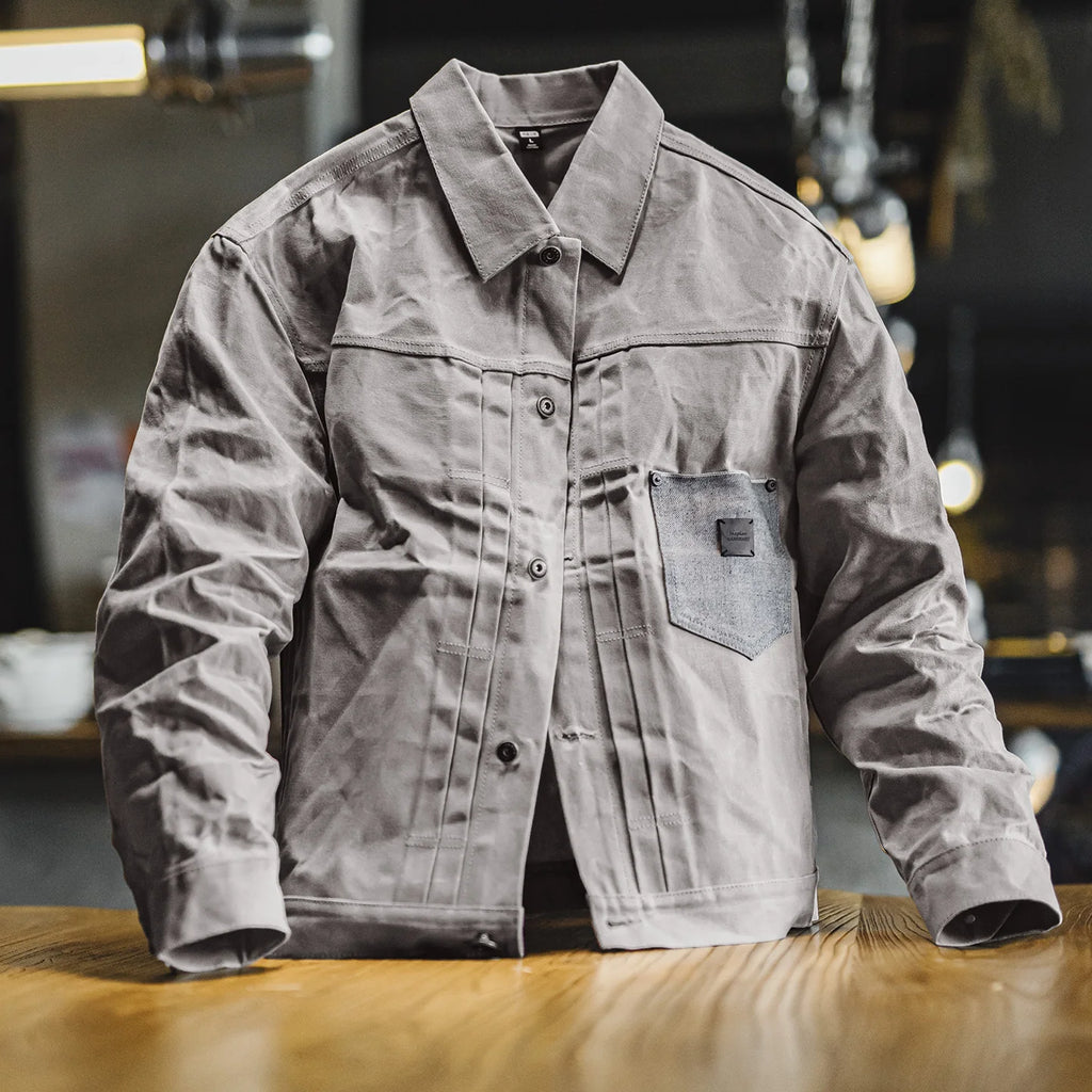 Maden Men's Vintage Oil Waxed Jacket V Waterproof Hunting Coat Double Pleats Grey Canvas Outwear with Patch Pockets for Autumn