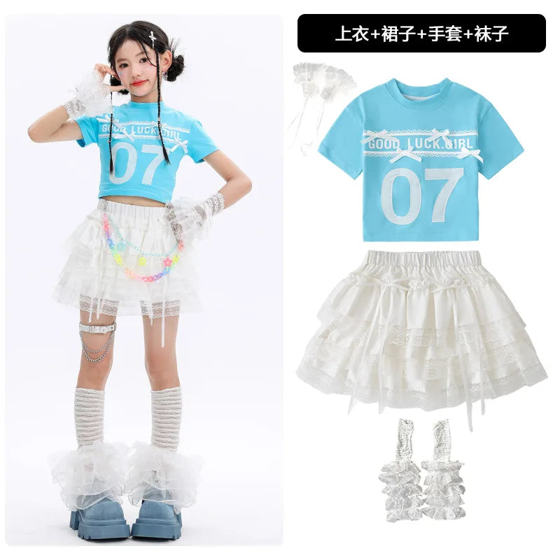 Kid Cute Hip Hop Clothing BLue Crop T Shirt Sleeves White Layered Lace Pleated Mini Skirt for Girls Jazz Dance Costume Clothes