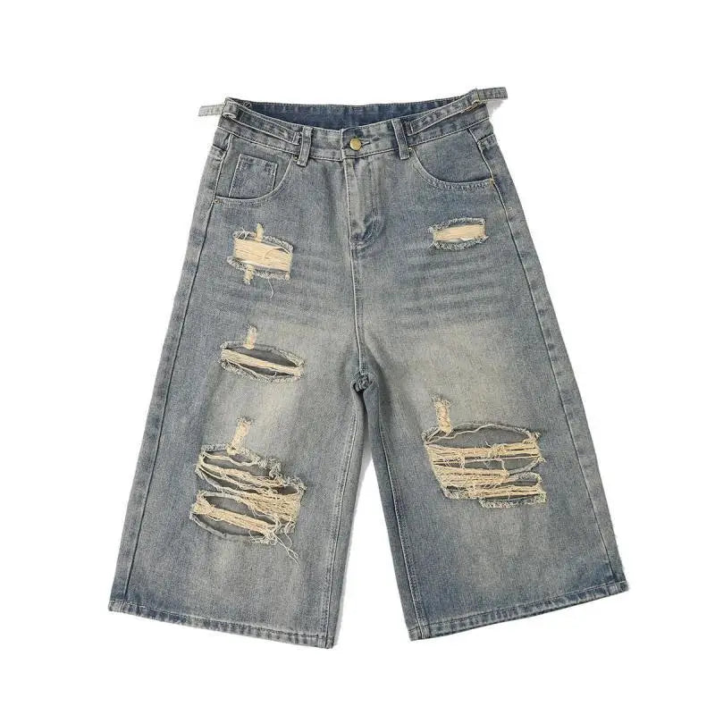 Men's Distressed Loose Fit Straight Leg Denim Capri Pants Casual Summer Jeans Ripped Details Trendy Casual Wear