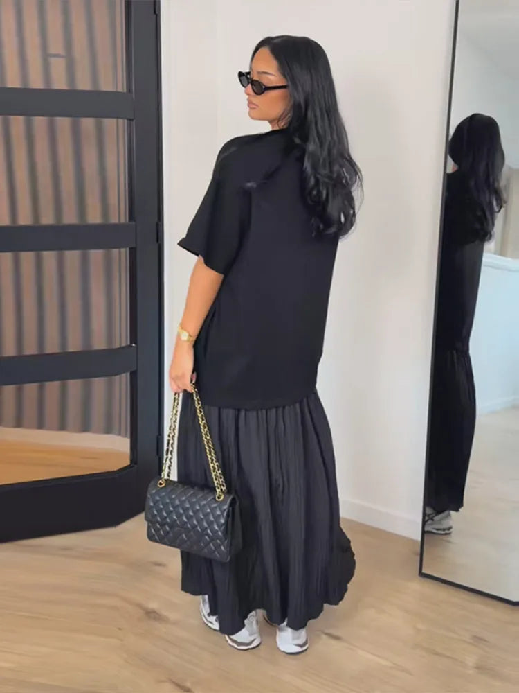 Fashion Solid Women Patchwork Dress Short Sleeve Round Neck Loose Female Dress Casual Office Streetwear Commute Summer 2026