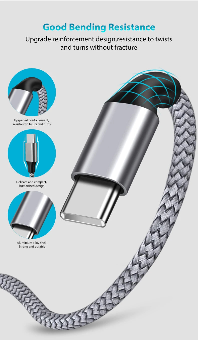 60W 1m/2m/3m/5m Dual-head Type-C Fast Charging Data Cable Mobile Phone Accessories Data Transmission for Samsung Huawei Millet