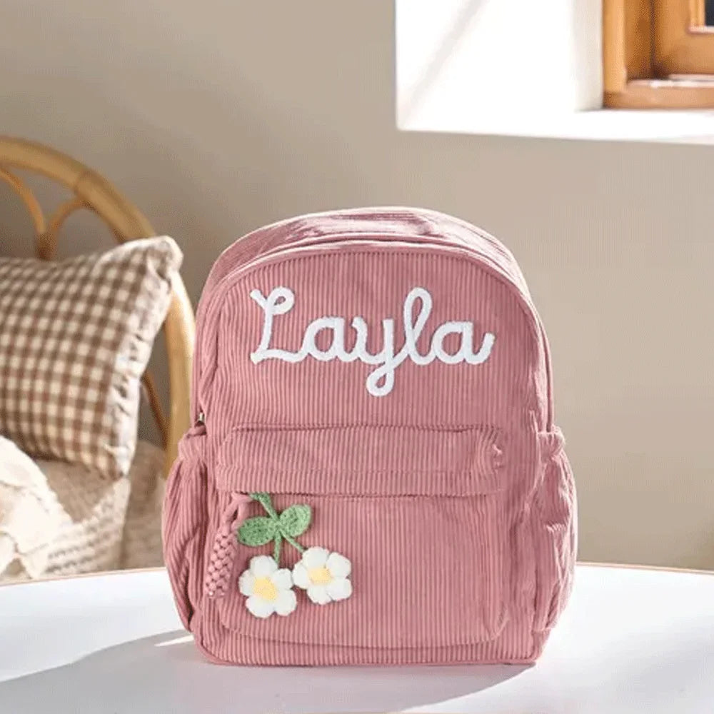 Personalized Small High-Quality Corduroy Backpack – Customizable School Bag with Name Print; Cute and Practical