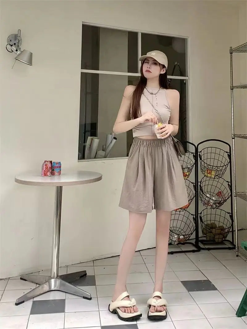 Women Shorts with Pockets Casual Basics Thin Simple Loose Fit Wide Leg Female Bottom Pants Fitness Sport Solid Running Shorts