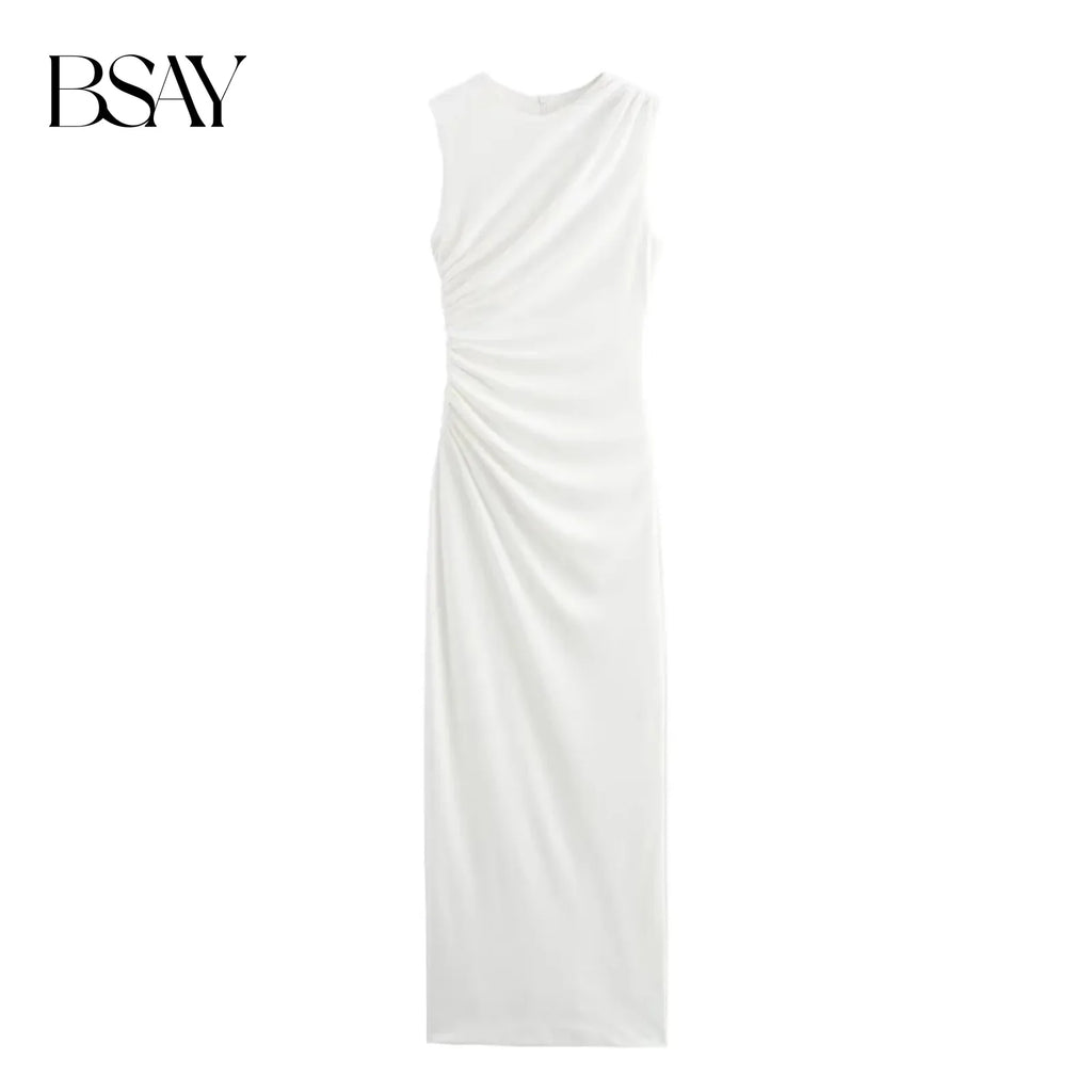 BSAY Women Fashion Summer New White Pleated Back Zip Sleeveless Crewneck Vest Long Dress Chic Female Elegant Evening