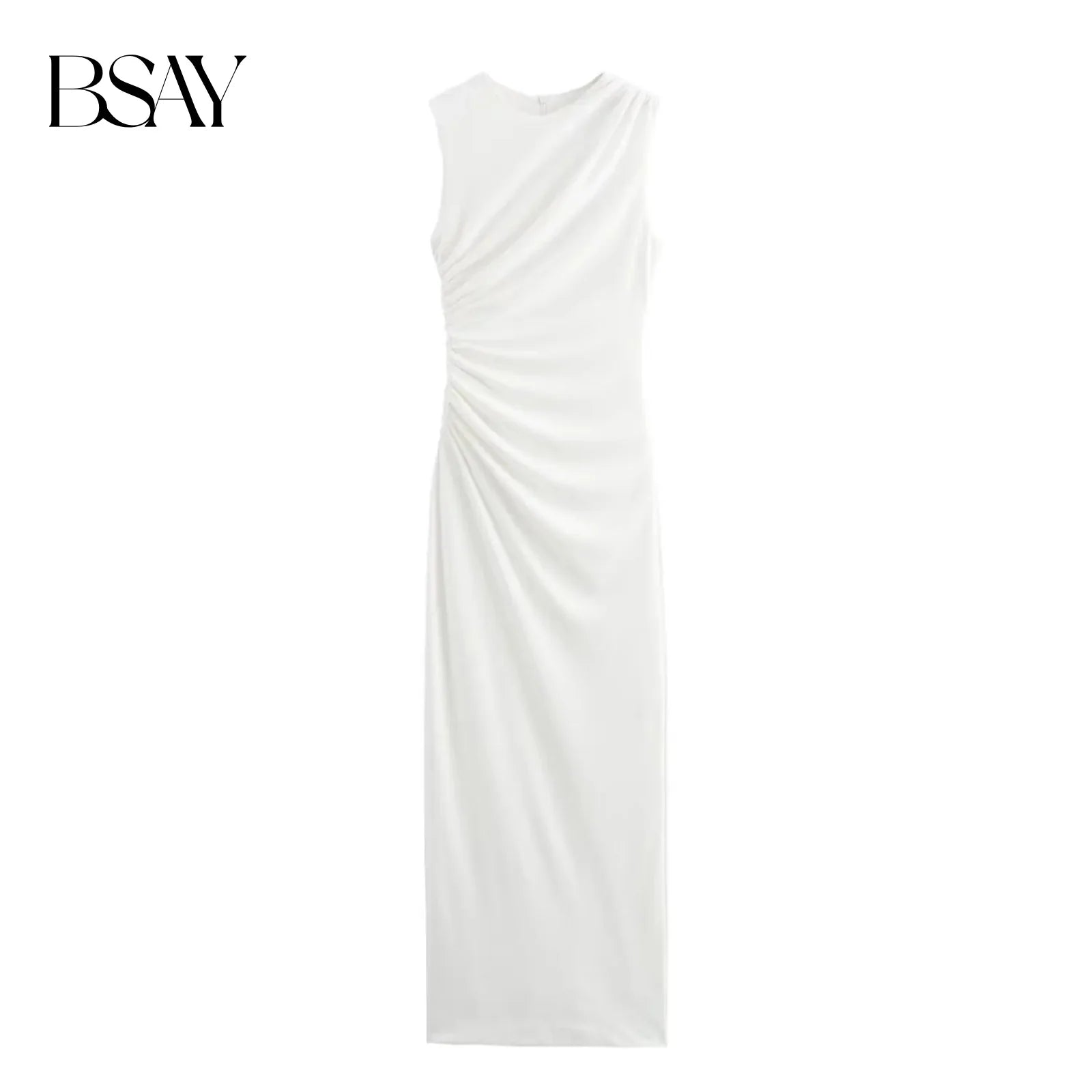 BSAY Women Fashion Summer New White Pleated Back Zip Sleeveless Crewneck Vest Long Dress Chic Female Elegant Evening