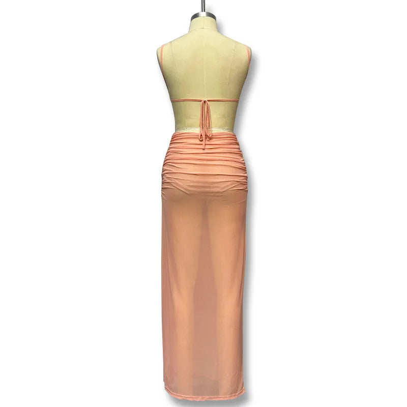 Sexy See-through Mesh Long Dress High Split Halter Pleated Maxi Dresses Prom Party Vestidos Women Backless Outfit Beach Sundress