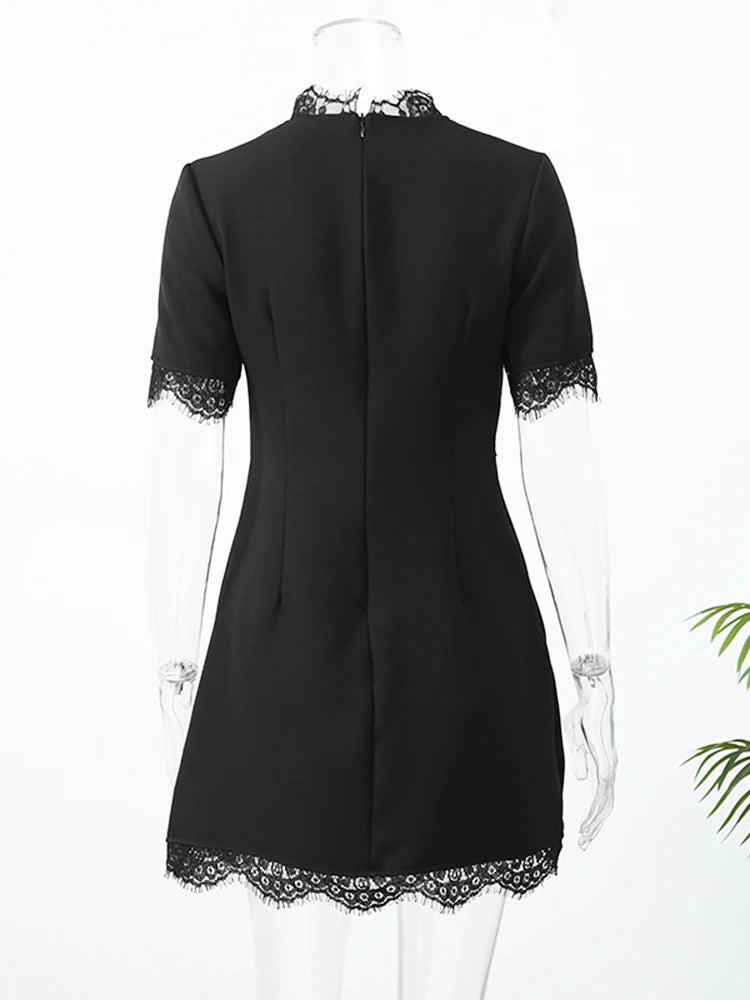 Black Lace Trim Hollow Out Mini Dress Women A-line Turtleneck Waist Cinched Short Sleeve Vestidos 2026 Lady Daily Party Gown