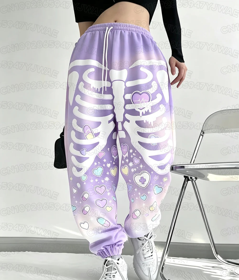 Spring and Autumn Women's Men's Skull Print Street Style Gothic Hip Hop Yami Kawaii Y2K Casual Long Jogger Pants
